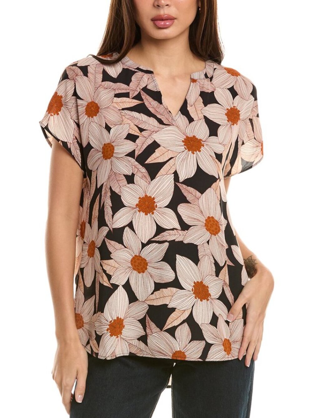 Cabi Meadow floral top shirt blouse cap sleeve brown black lightweight new M